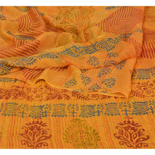 Sanskriti Vintage Gul Sari Blandet Georgette Trykt Sari 5 Yard Håndværk Bæredygtigt Stoff