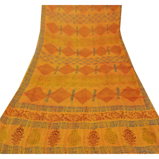 Sanskriti Vintage Yellow Saree Blend Georgette Printed Sari 5 Yard Craft Sustainable Fabric