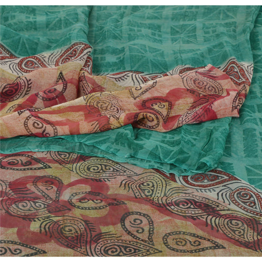 Sanskriti Vintage Grøn Sari Blend Georgette Trykt Sari 5Yd Håndværk Blødt Bæredygtigt Stoff