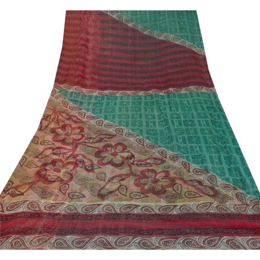 Sanskriti Vintage Green Saree Blend Georgette Printed Sari 5Yd Craft Soft Sustainable Fabric