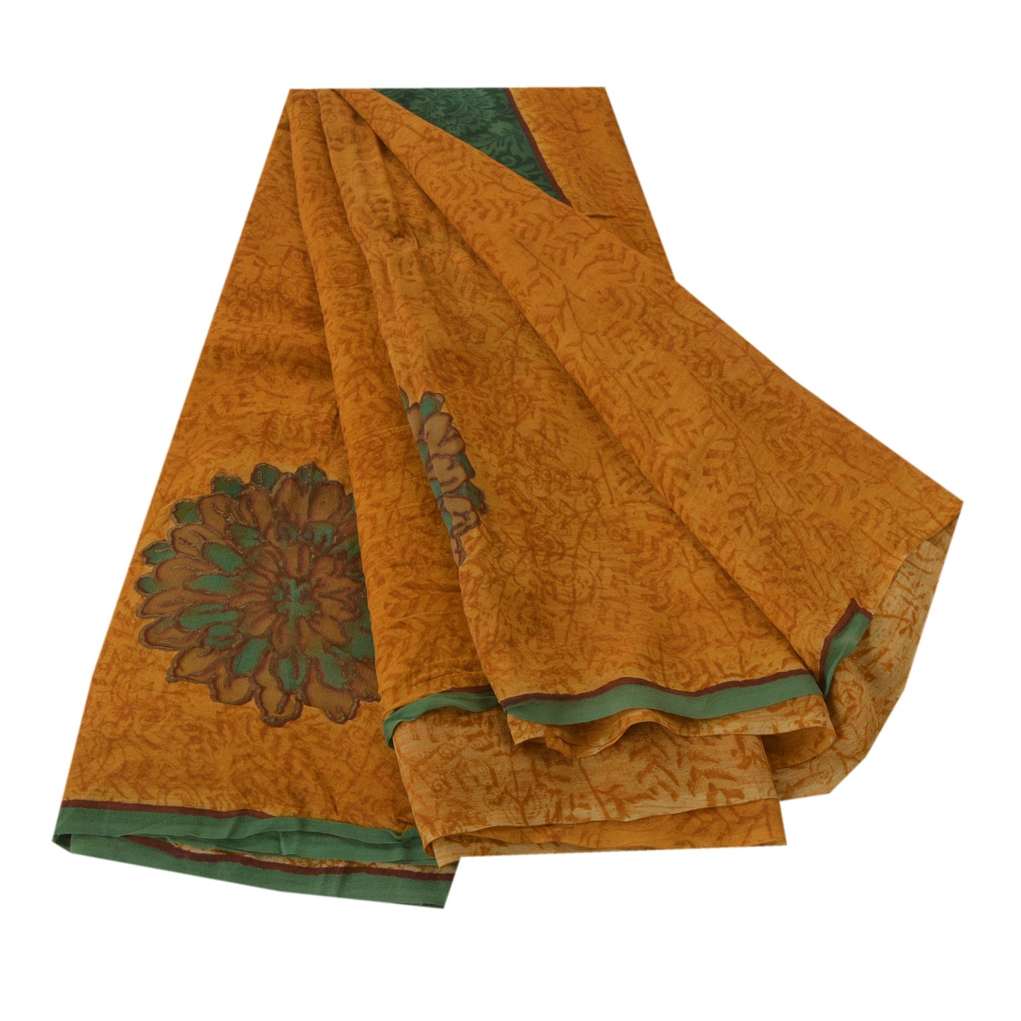 Sanskriti Vintage Bollywood Sennep Trykt Sari Ren Georgette Silke 5 Yard Sari