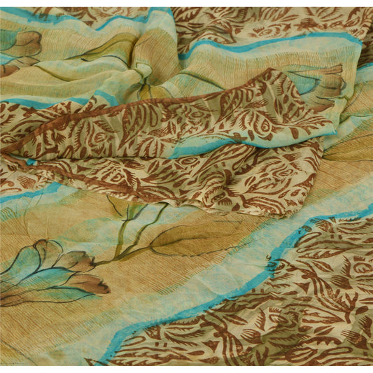 Sanskriti Vintage Creme Digitalt Trykt Sari Blend Georgette Sari Håndværk Bæredygtigt Stoff