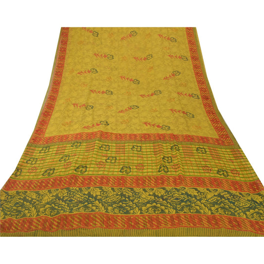Sanskriti Vintage Printed Green 5Yd Craft Saree Pure Georgette Silk Sustainable Fabric Sari