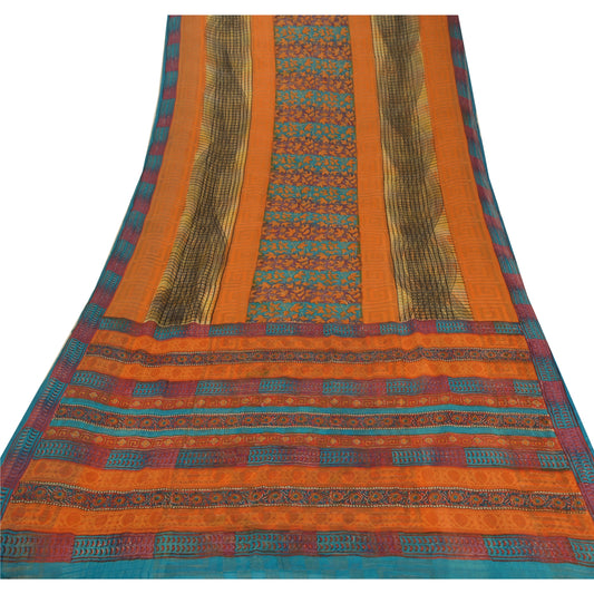 Sanskriti Vintage Orange Saree Pure Georgette Silk Printed Sari 5Yd Craft Sustainable Fabric