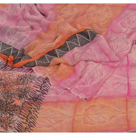 Sanskriti Vintage Pink Saree Blend Georgette Printed Sari 5Yd Craft Soft Sustainable Fabric