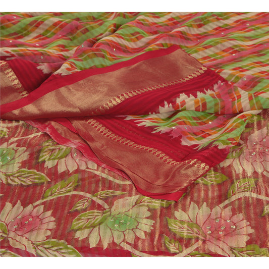 Sanskriti Vintage Rød Sari Blandet Georgette Trykt Sari 5 Yard Håndværk Dekor Bæredygtigt Stoff