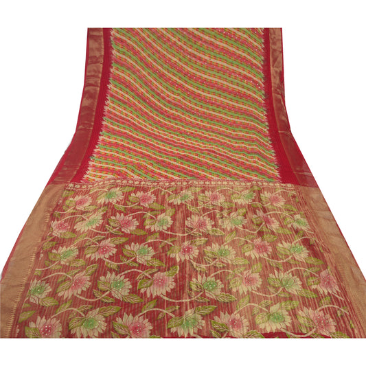 Sanskriti Vintage Red Saree Blend Georgette Printed Sari 5 Yd Craft Decor Sustainable Fabric