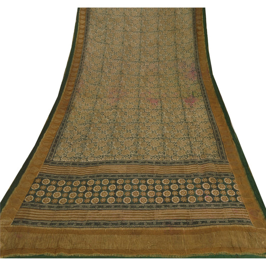 Sanskriti Vintage Saree Pure Georgette Silk Printed Zari Border Sari 5Yd Sustainable Fabric