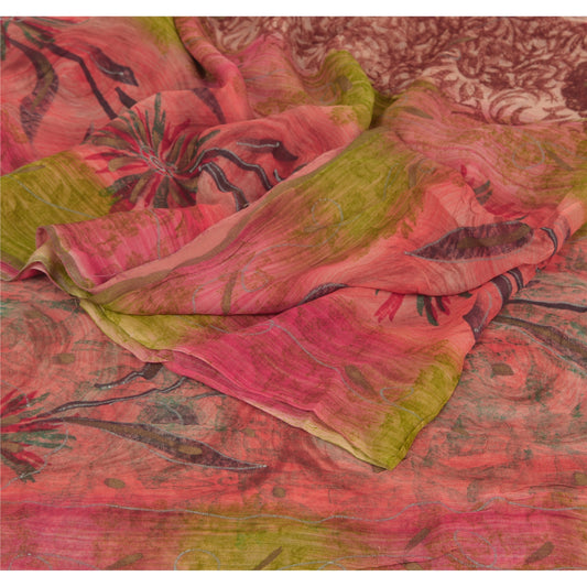 Sanskriti Vintage Brun Sari Blend Georgette Trykt Sari 5 Yard Håndværk Bæredygtigt Stoff