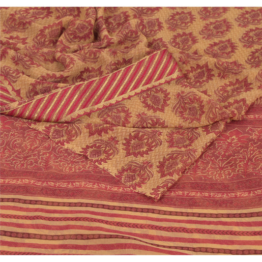 Sanskriti Vintage Beige Sari Georgette Trykt Sari 5 Yard Håndværk Bæredygtigt Stoff