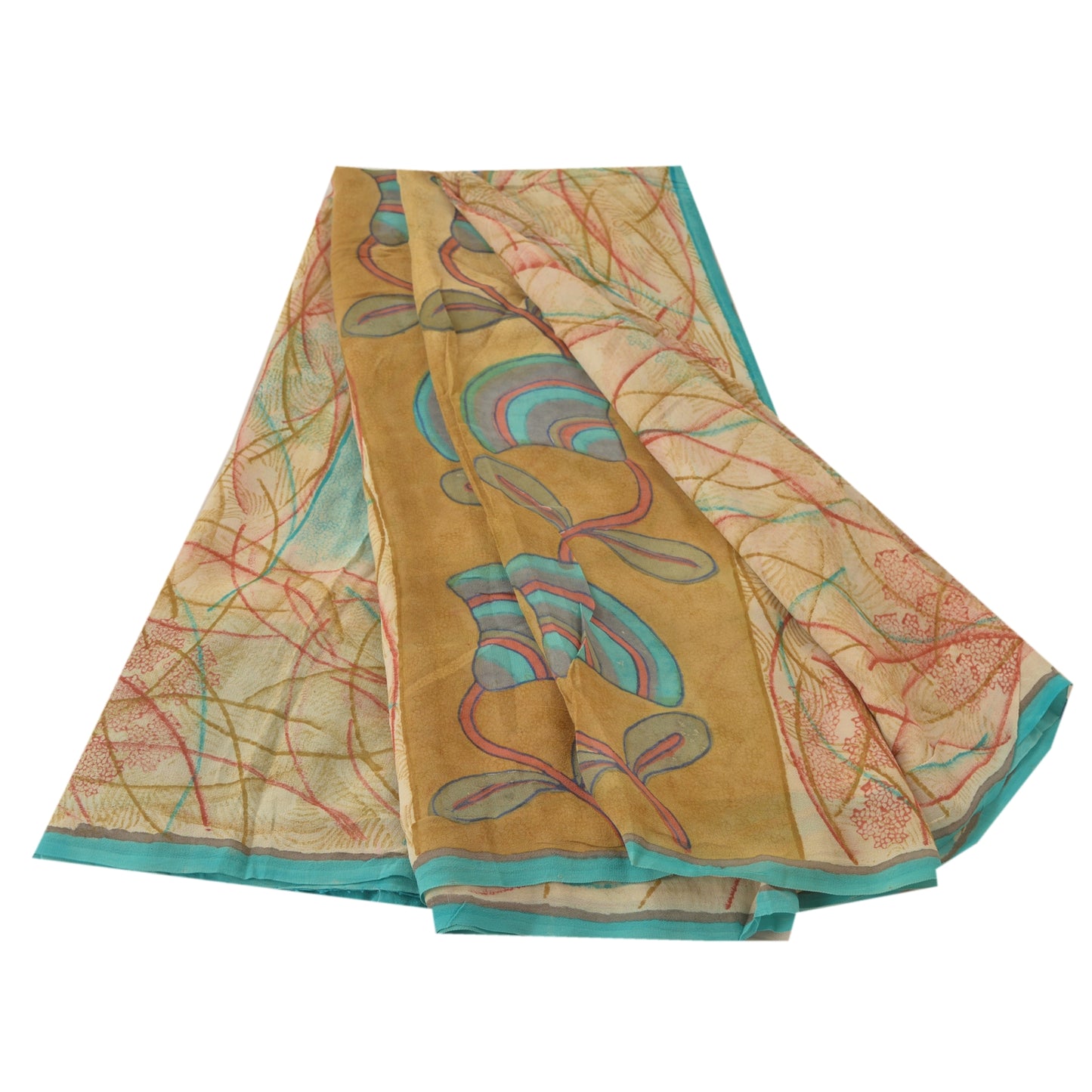 Sanskriti Vintage Bollywood Printed Sari Cream Pure Georgette Silk Sustainable Fabric Saree