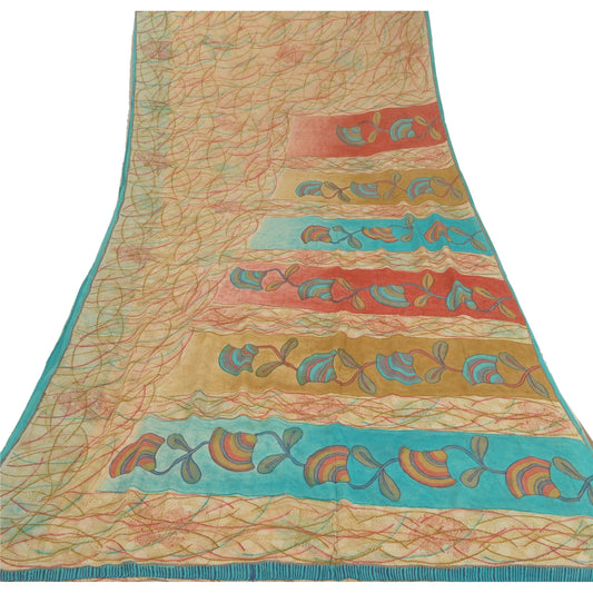 Sanskriti Vintage Bollywood Printed Sari Cream Pure Georgette Silk Sustainable Fabric Saree