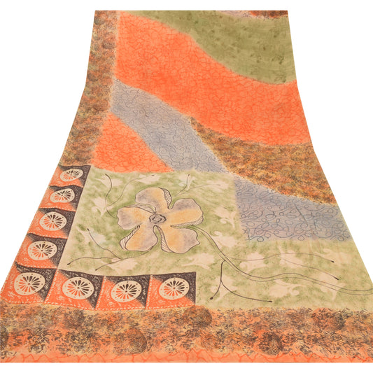 Sanskriti Vintage Orange Saree Pure Georgette Silk Printed Sari Craft Sustainable Fabric