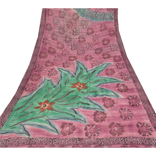 Sanskriti Vintage Pink Saree Blend Georgette Printed Sari 5 Yard Craft Sustainable Fabric