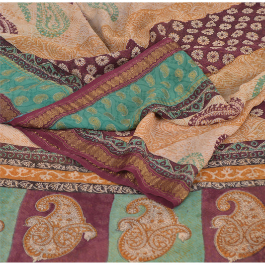 Sanskriti Vintage Saree Multicolor 100% Pure Georgette Silk 5.5+Yd Saree Paisley Printed Woven Sari Home Decor, Sewing, DIY Projects