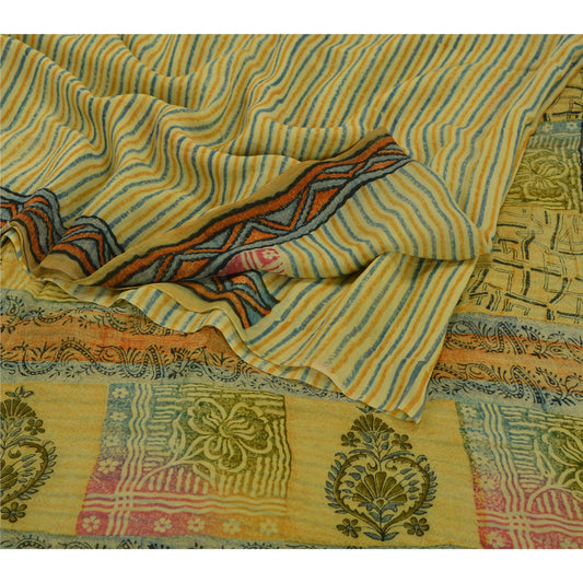 Sanskriti Vintage Grøn Sari Blend Georgette Trykt Sari 5 Yard Håndværk Bæredygtigt Stoff