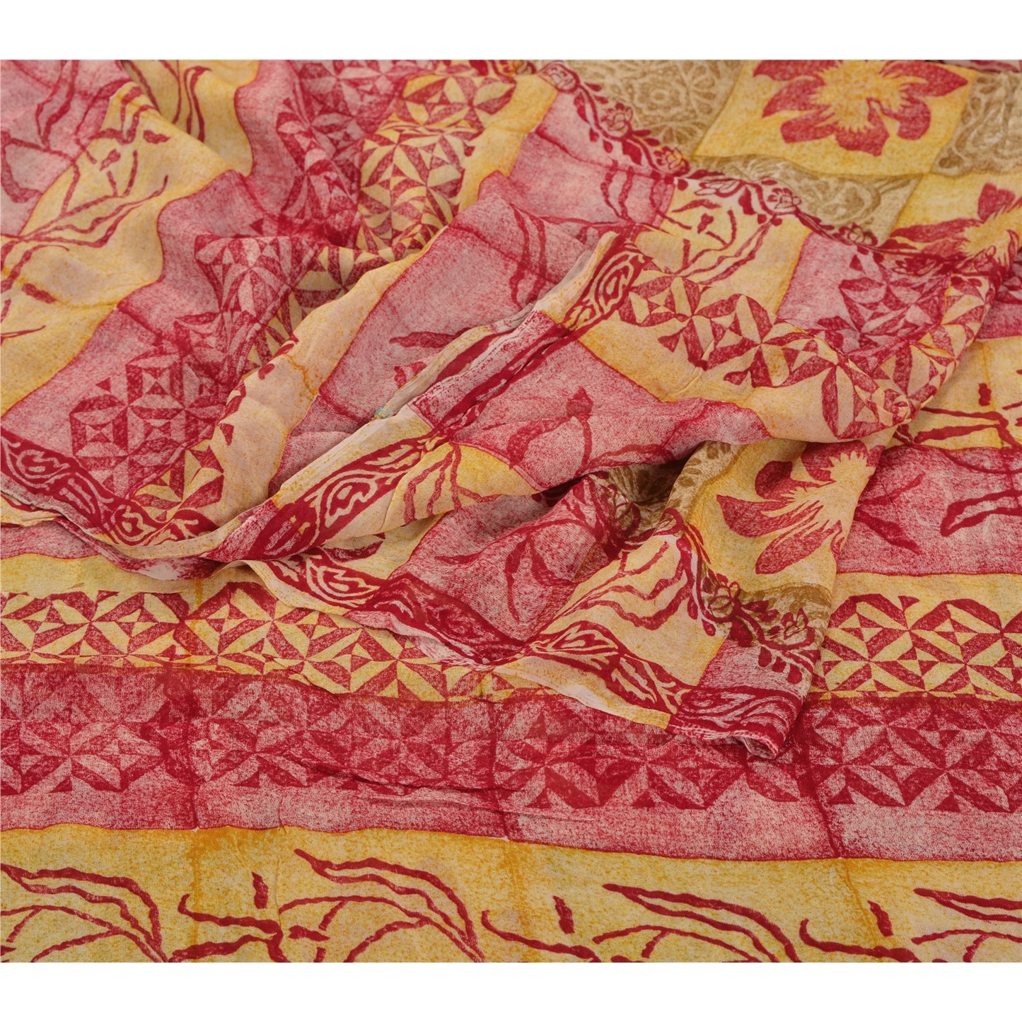 Sanskriti Vintage Yellow Sarees Blend Georgette Printed Sari 5 YD Craft Sustainable Fabric