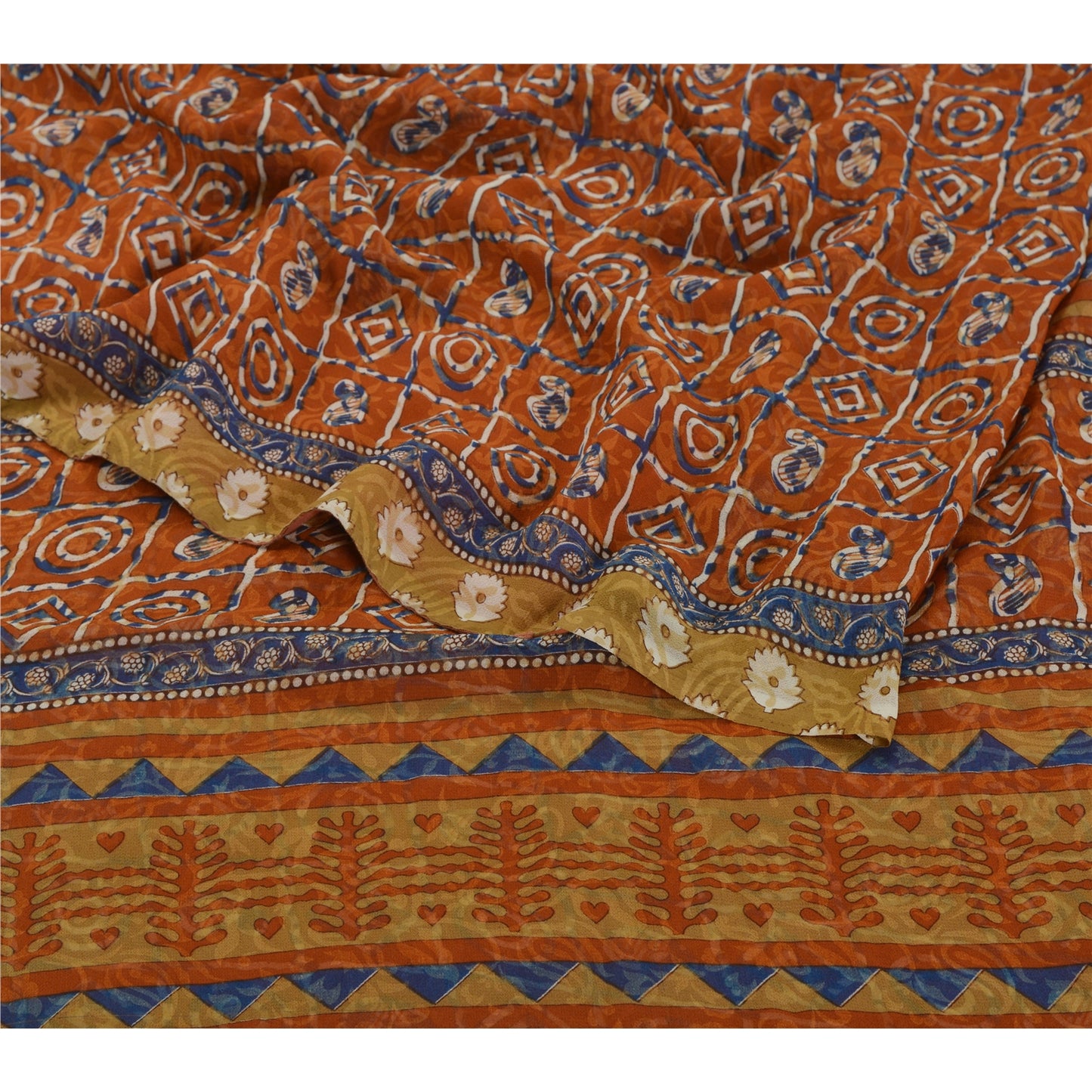 Sanskriti Vintage Indian Sari Orange Georgette Printed Sarees Craft 5 YD Sustainable Fabric