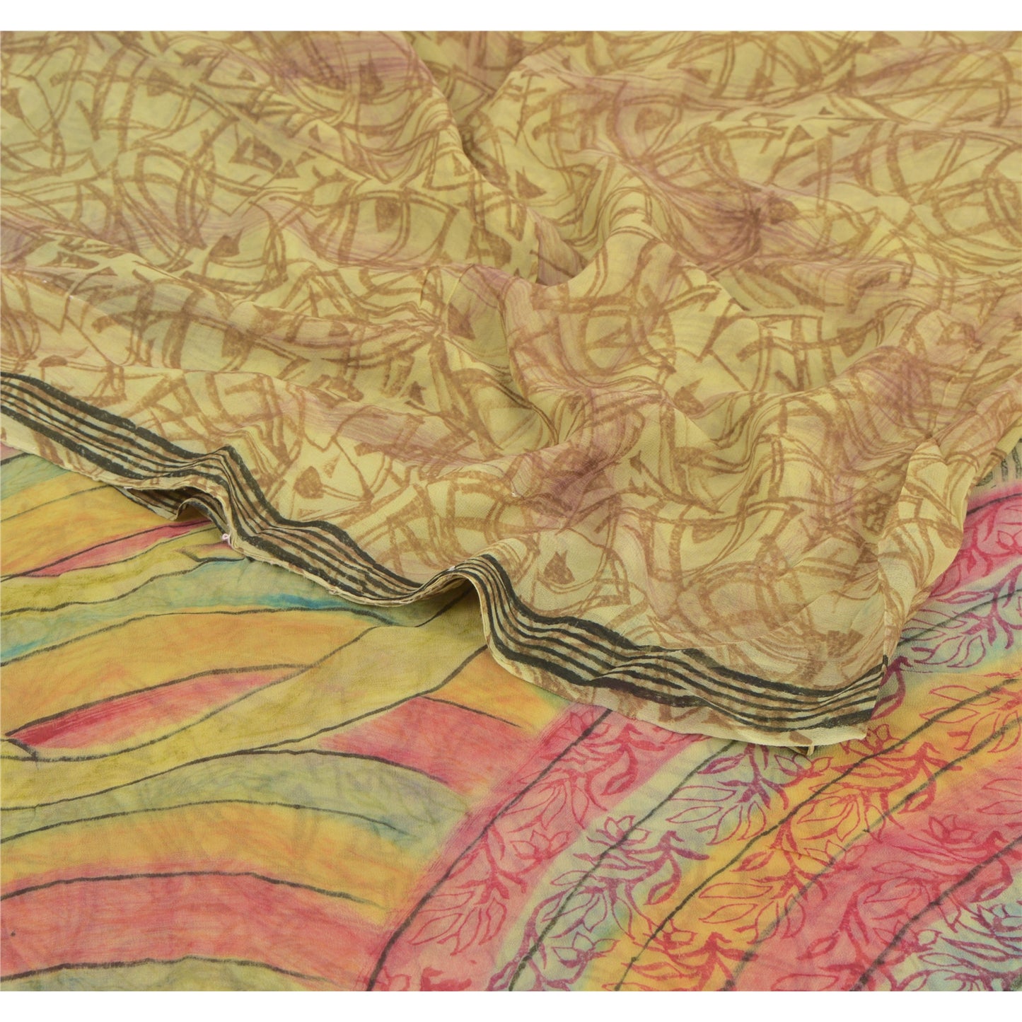 Sanskriti Vintage Grøn Sari Blend Georgette Trykt Sari 5Yd Håndværk Blødt Bæredygtigt Stoff