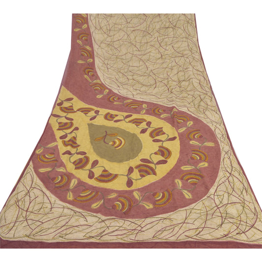 Sanskriti Vintage Cream Saree Pure Georgette Silk Printed Sari 5 Yd Craft Sustainable Fabric