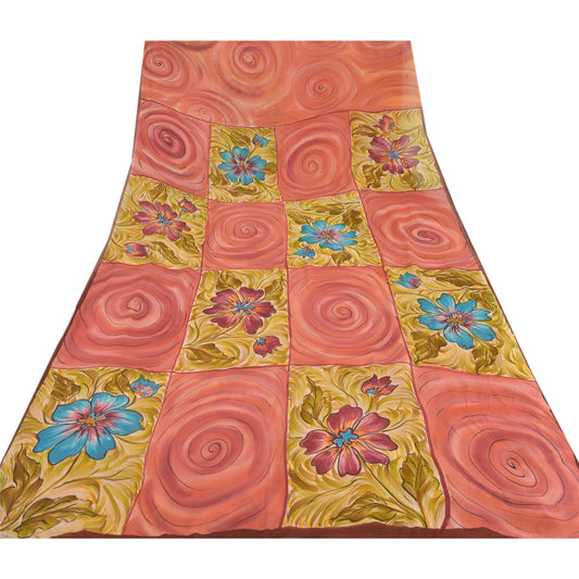Sanskriti Vintage Bollywood Printed Sari Pure Georgette Silk Sustainable Fabric Peach Saree