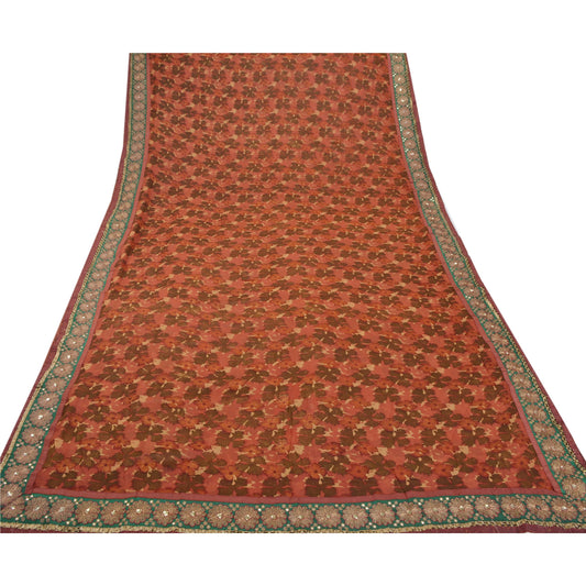 Sanskriti Vintage Orange Sarees Blend Georgette Printed Sari 5 YD Craft Sustainable Fabric
