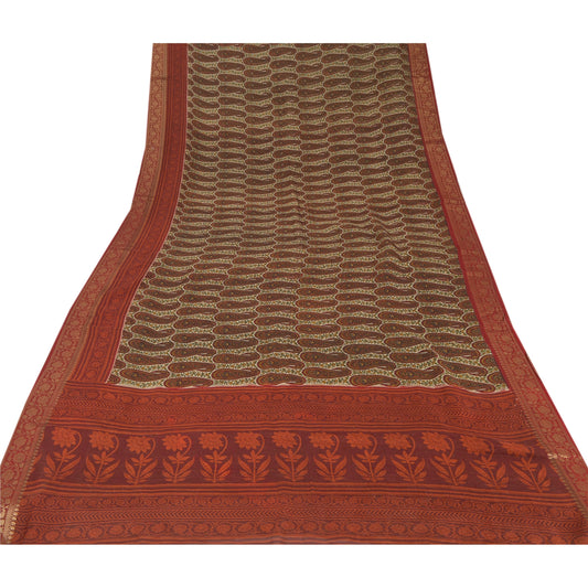 Sanskriti Vintage Cream Sarees Blend Silk Printed Zari Border Sari Craft Sustainable Fabric