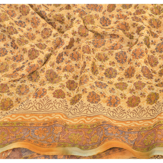 Sanskriti Vintage Brown Sarees Blend Georgette Printed Sari 5 Yard Craft Sustainable Fabric