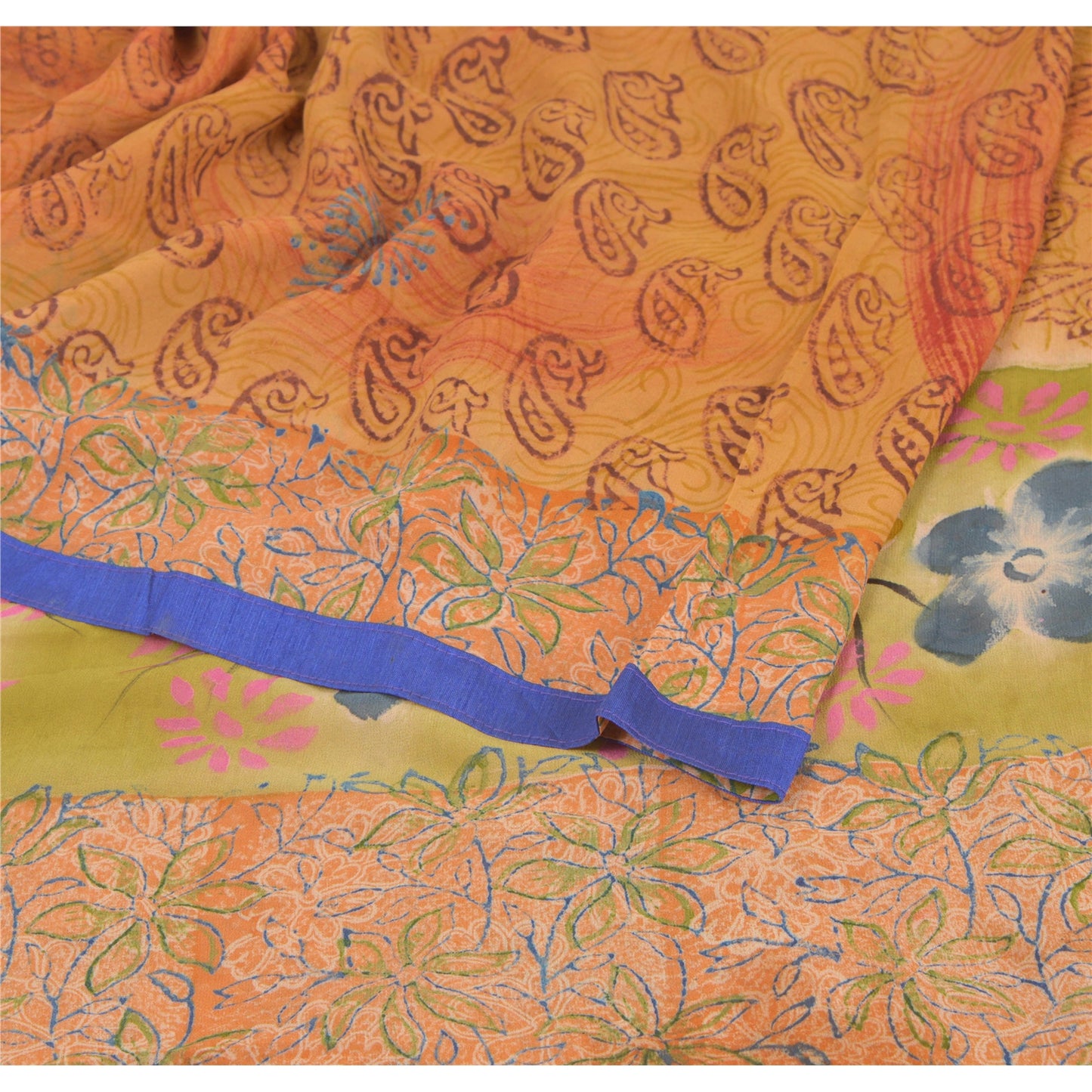 Sanskriti Vintage Saffron Sarees Pure Georgette Silk Printed Sari Craft Sustainable Fabric