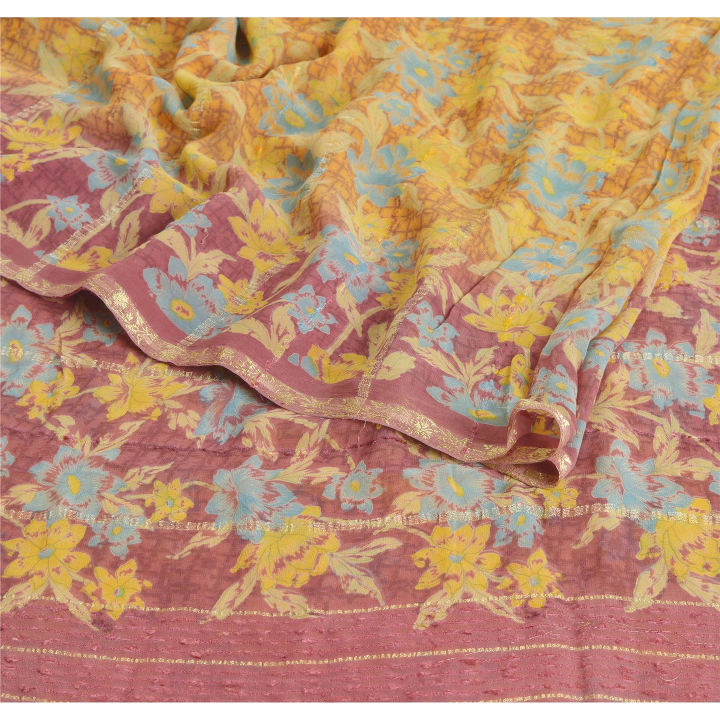 Sanskriti Vintage Yellow Indian Sari Blend Georgette Printed Sarees Sustainable Fabric