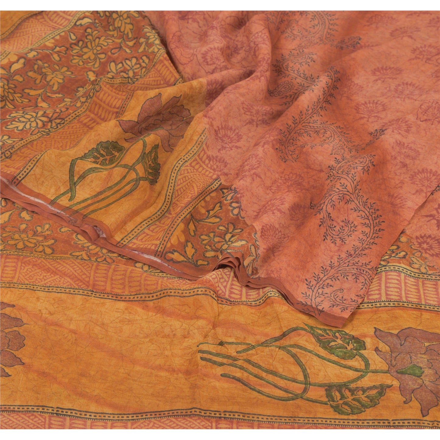 Sanskriti Vintage Peach Sarees Pure Georgette Silk Printed Sari Craft Sustainable Fabric