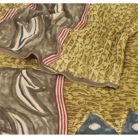 Sanskriti Vintage Green Indian Sari Blend Georgette Printed Sarees Craft Sustainable Fabric