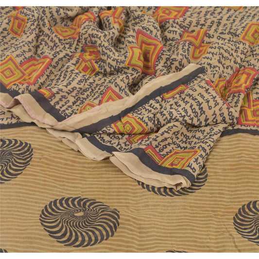 Sanskriti Vintage Pure Georgette Silk Saree: Brown Geometric & Abstract Print Fabric 5 YD Home Decor, Women Floral Outfit, Silk Scrap
