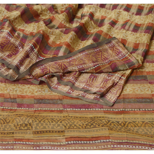 Sanskriti Vintage 100% Pure Georgette Silk Brown Saree Floral Printed 6 Yd Craft Fabric Floral Recycled For Quilting Felting, Home Decor