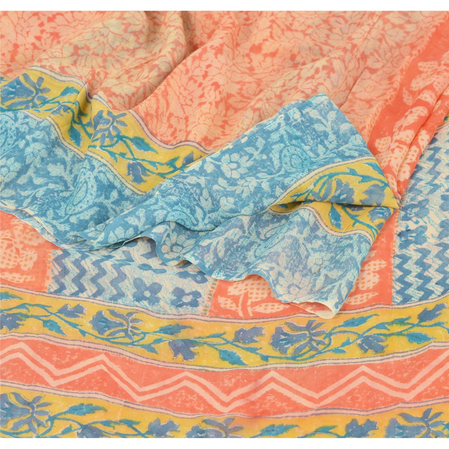 Sanskriti Vintage Peach Printed Red Saree Blend Georgette Sari Soft Craft Sustainable Fabric