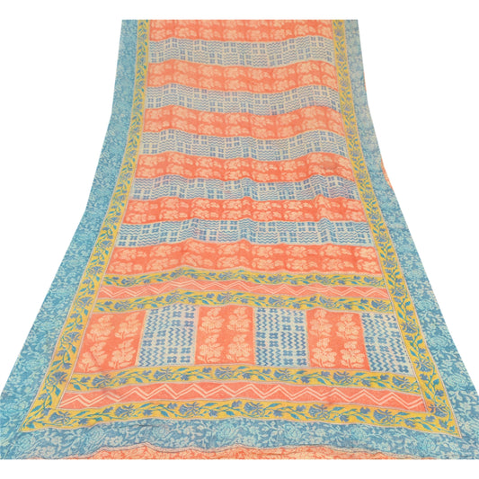 Sanskriti Vintage 100% Pure Georgette Silk Red/Peach Sarees Printed 5 Yd Craft Fabric Bohemian Fabric For Dressmaking,Upcyclers