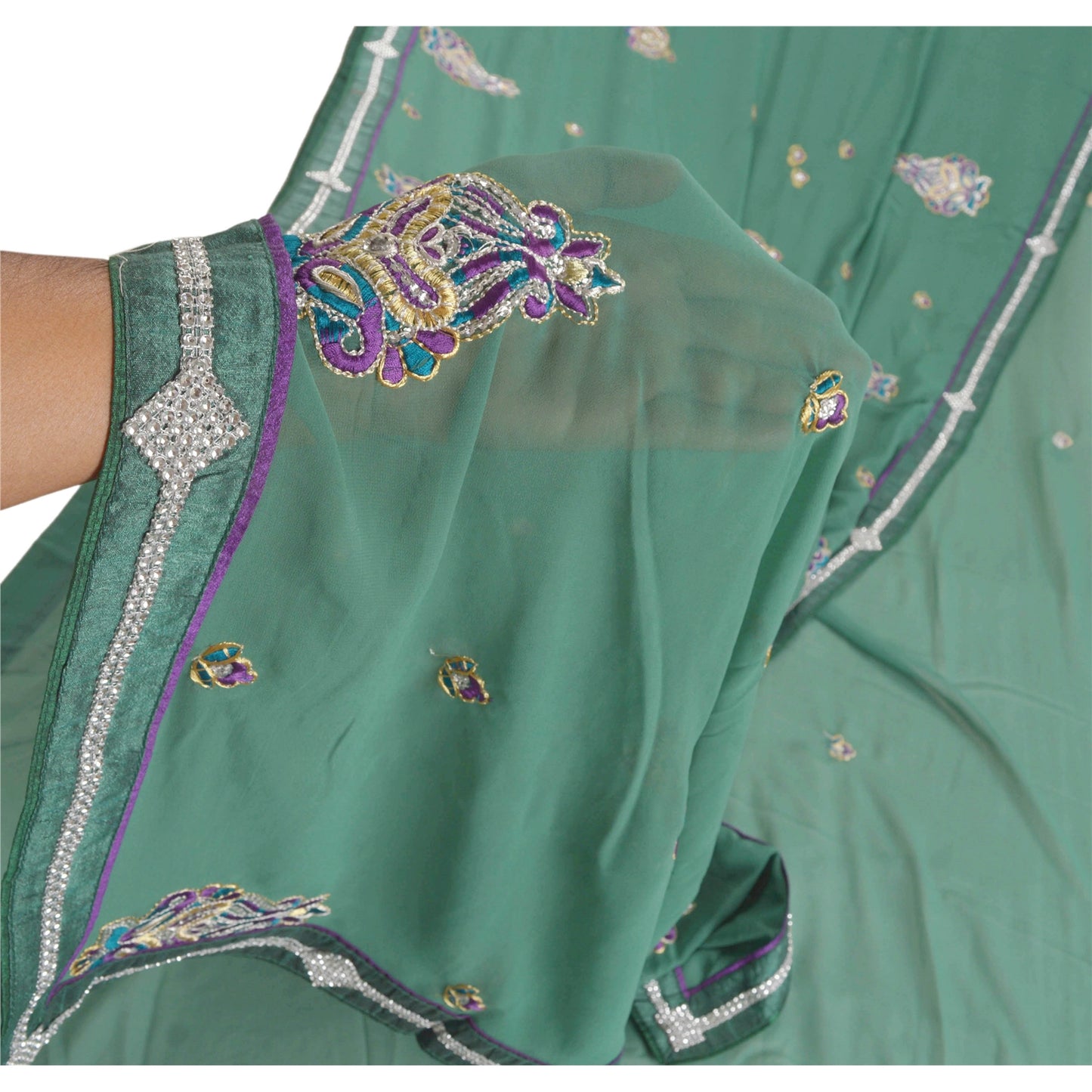 Sanskriti Vintage Green Fashion Sari Hand Beaded Georgette Saree With Blouse Pc