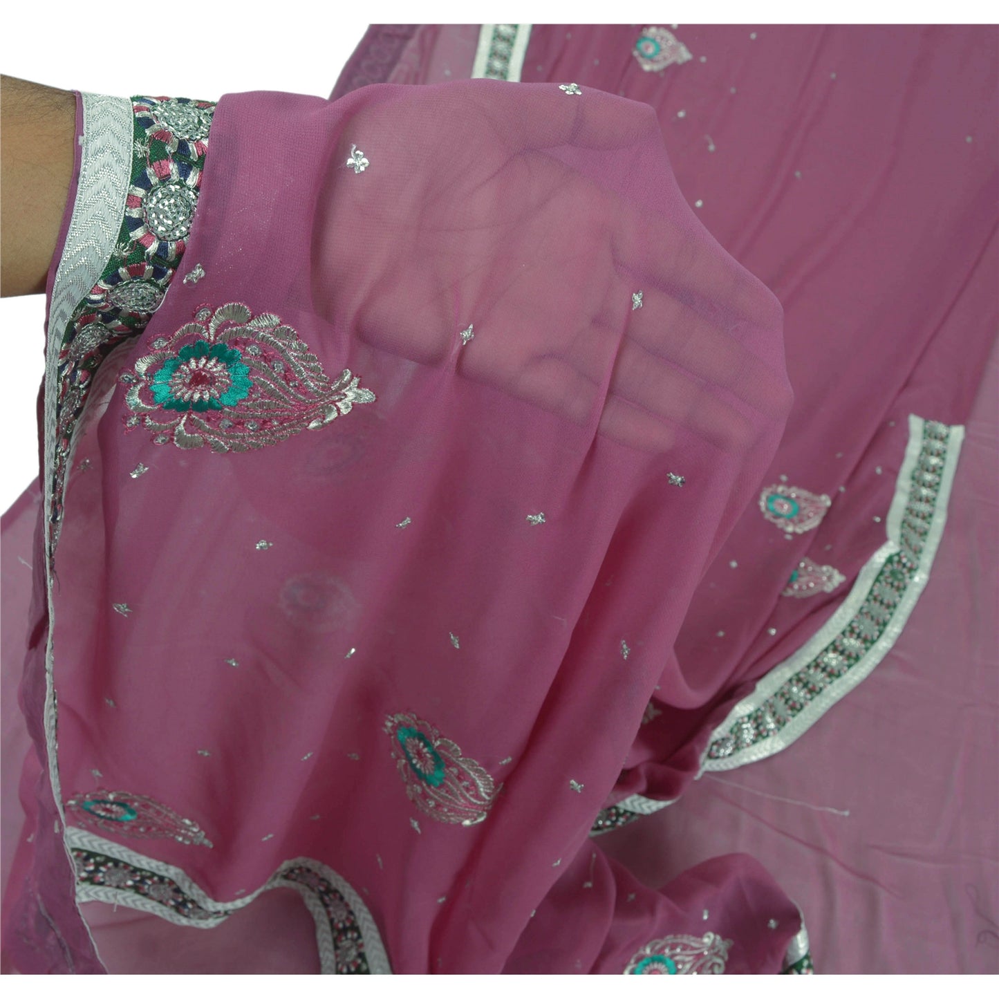 Санскрити Винтаж Мода 5 YD Сари Фиолетовый Жоржет Вышитая Сари Блуза Шт.