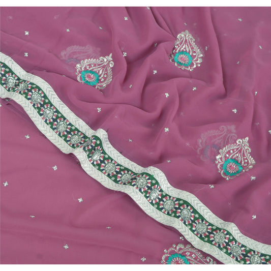 Sanskriti Vintage Fashion 5 YD Saree Purple Georgette Embroidered Sari Blouse Pc