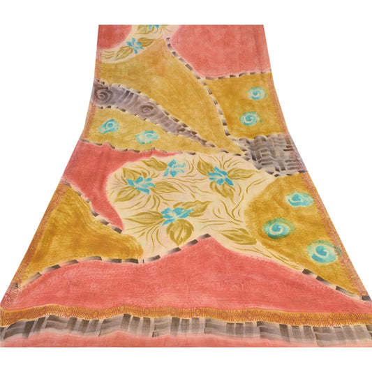 Санскрити Винтаж Горчичное Сари Печати Сари Смесовый Жоржет 5 YD Craft Экологичная Ткань