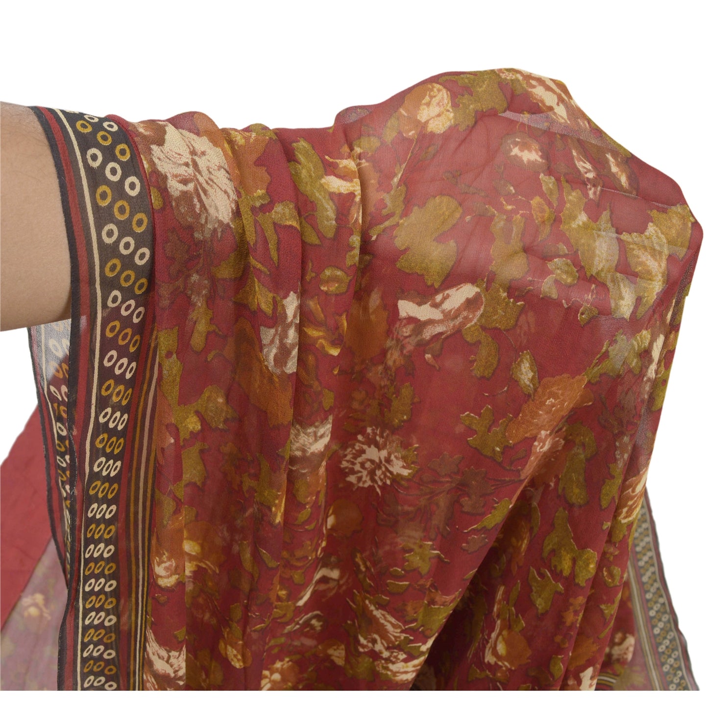 Sanskriti Vintage Red Sarees Printed Sari Pure Georgette Silk 5 YD Craft Sustainable Fabric