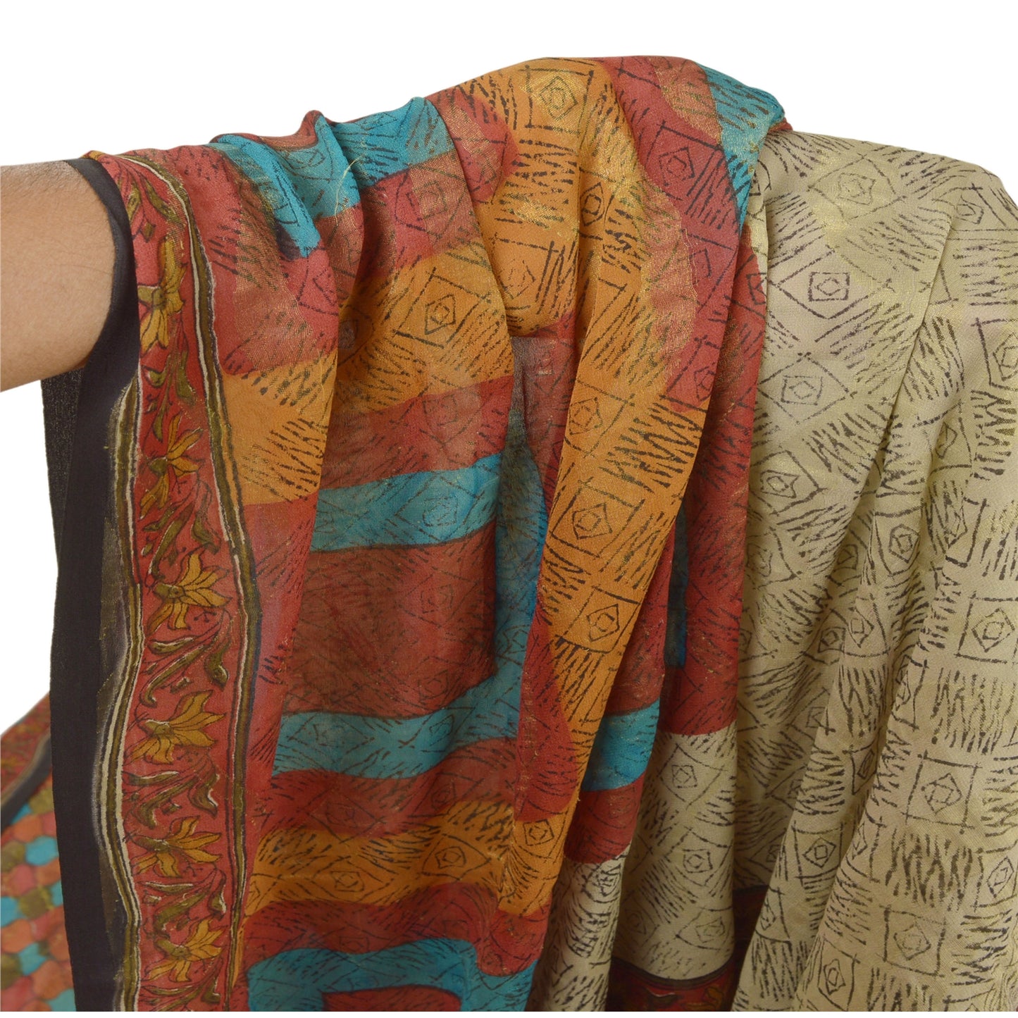 Sanskriti Vintage Cream Sarees Printed Sari Pure Georgette Silk 5YD Craft Sustainable Fabric