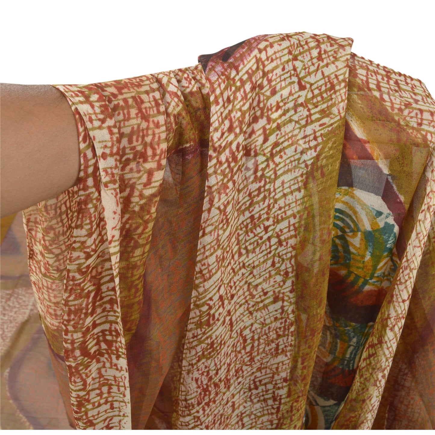 Sanskriti Vintage Cream Saree Printed Sari Blend Georgette 5YD Soft Craft Sustainable Fabric