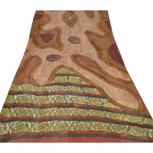 Санскрити Винтаж Кремовое Сари Печатный Сари Смесовый Жоржет 5YD Мягкая Ремесленная Экологичная Ткань