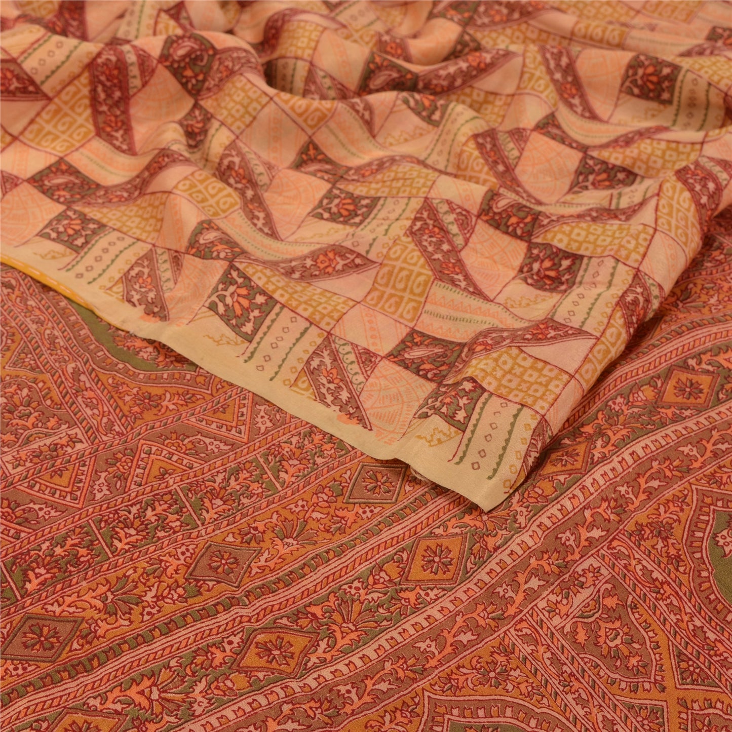 Sanskriti Vintage Beige Sarees Pure Georgette Silk Printed Sari Craft Sustainable Fabric