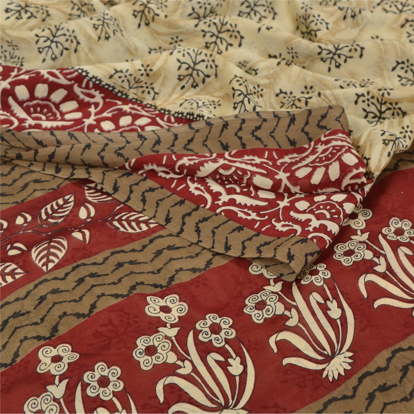 Sanskriti Vintage Indian Sari Cream Printed Georgette Sarees Craft 5 Yd Sustainable Fabric