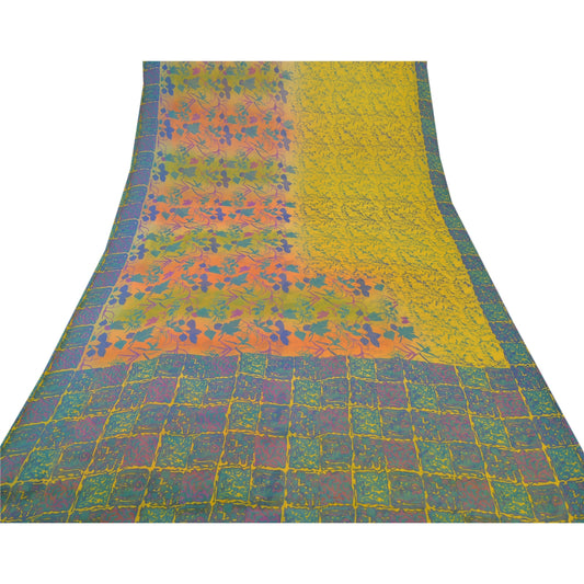 Sanskriti Vintage Indian Sari Green Printed Georgette Sarees Craft 5 Yard Sustainable Fabric