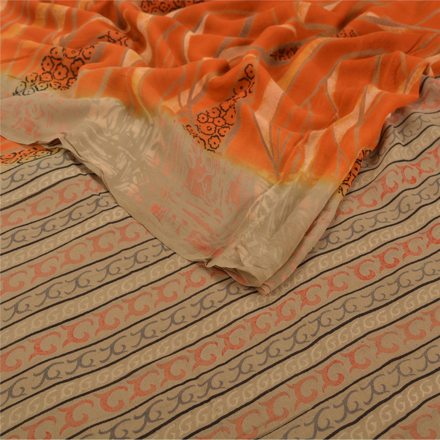 Sanskriti Vintage Orange Sarees Pure Georgette Silk Printed Sari Craft Sustainable Fabric