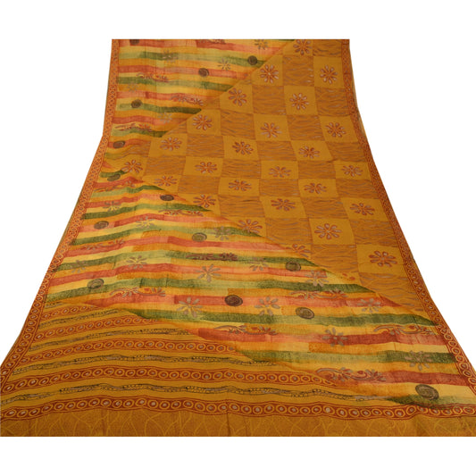 Sanskriti Vintage Sarees Mustard Printed Blend Georgette Sari Craft Sustainable Fabric