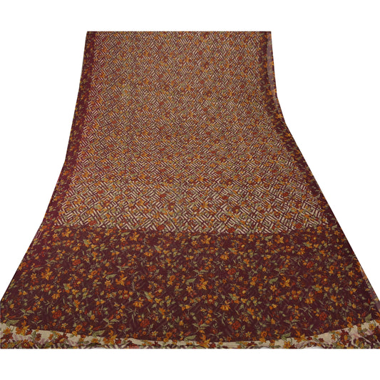 Sanskriti Vintage Dark Red Sarees Chiffon Silk Printed Sari Craft 5 Yard Sustainable Fabric